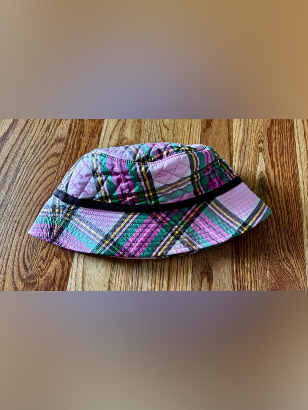 Lands' End Quilted Plaid Bucket Hat Pink, Green and Brown lined with Primaloft